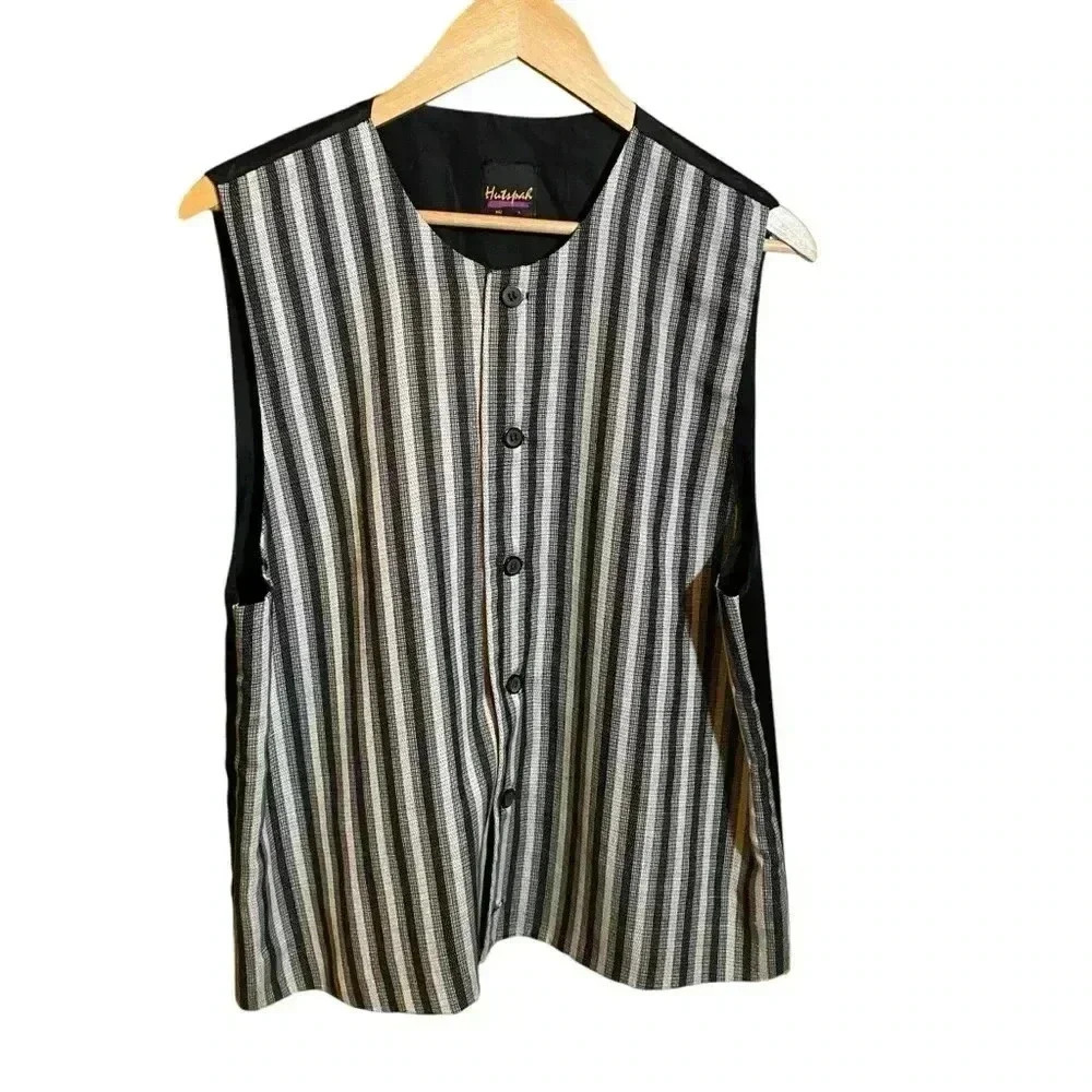 Hutspah Men's Vest Black-Grey Stripe 5 Buttons Black Lining Size L